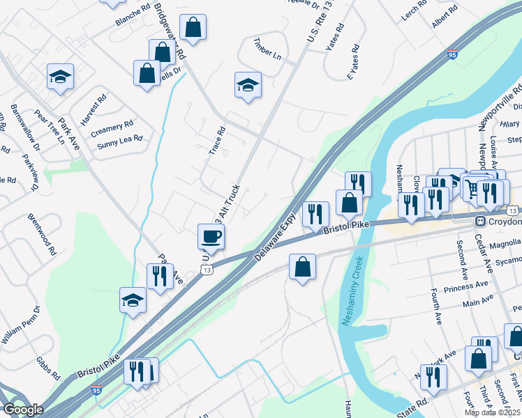 map of restaurants, bars, coffee shops, grocery stores, and more near 3965 Gloucester Court in Bensalem