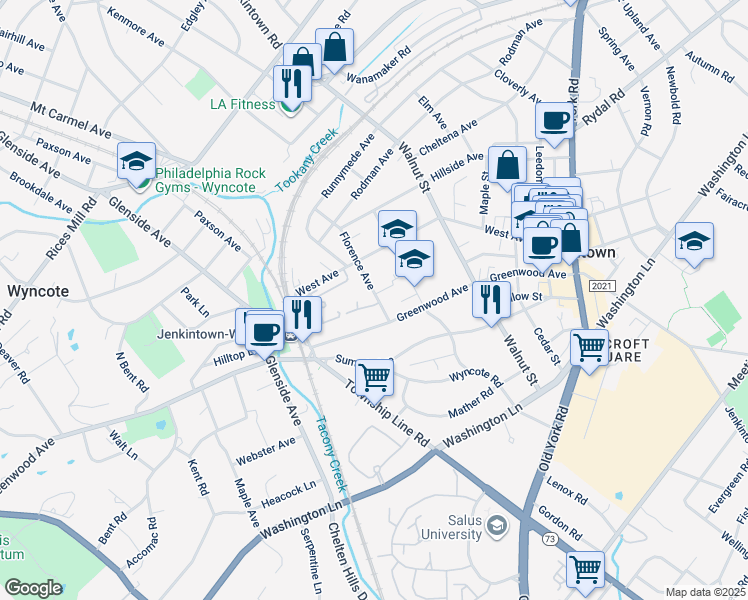 map of restaurants, bars, coffee shops, grocery stores, and more near 309 Florence Avenue in Jenkintown
