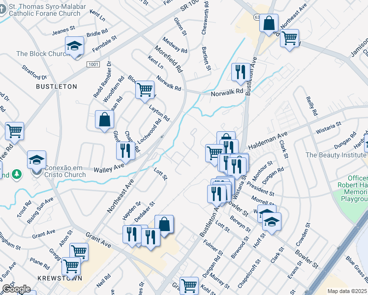 map of restaurants, bars, coffee shops, grocery stores, and more near 63 Marple Drive in Philadelphia