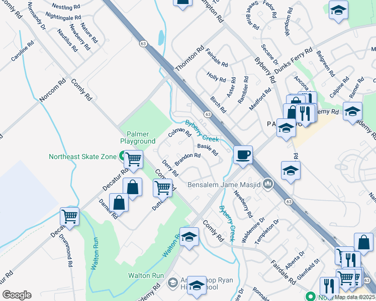 map of restaurants, bars, coffee shops, grocery stores, and more near 11768 Brandon Road in Philadelphia
