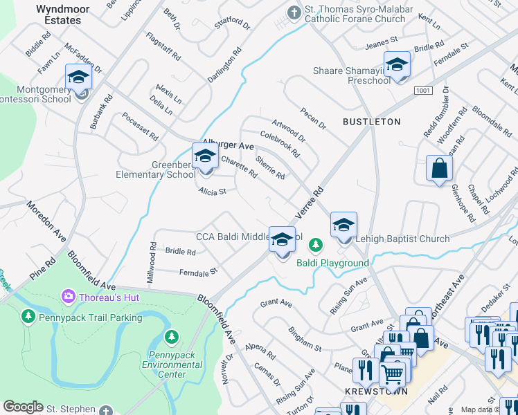 map of restaurants, bars, coffee shops, grocery stores, and more near 8905 Springview Road in Philadelphia