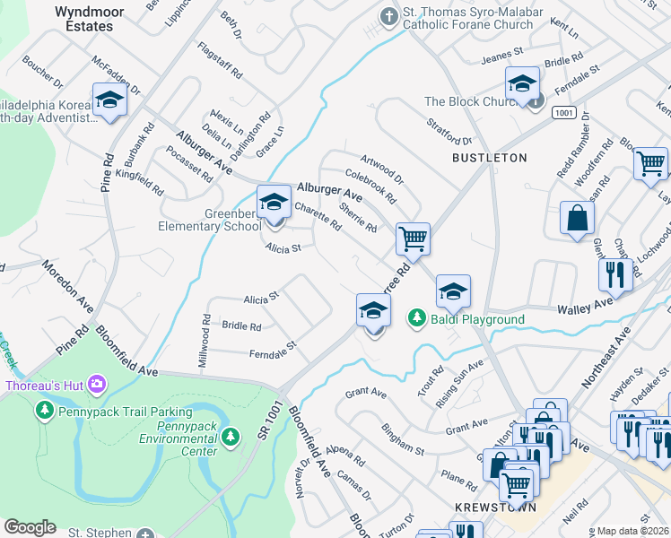 map of restaurants, bars, coffee shops, grocery stores, and more near 8753 Ferndale Street in Philadelphia