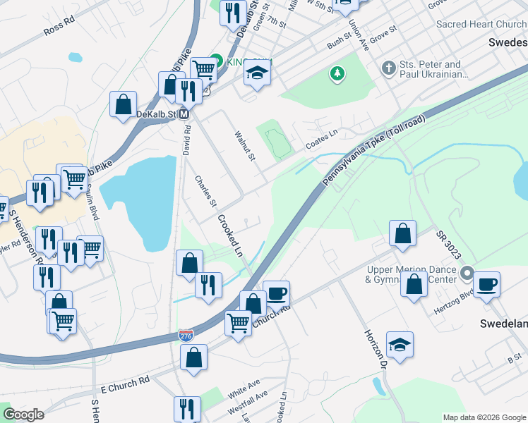 map of restaurants, bars, coffee shops, grocery stores, and more near 407 Church Street in King of Prussia