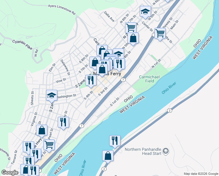 map of restaurants, bars, coffee shops, grocery stores, and more near 302 Walnut Street in Martins Ferry
