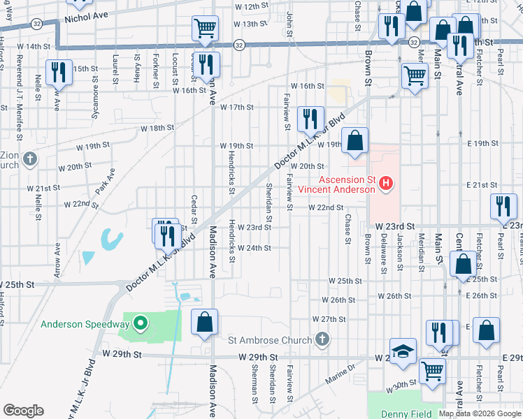 map of restaurants, bars, coffee shops, grocery stores, and more near 2111 Sheridan Street in Anderson