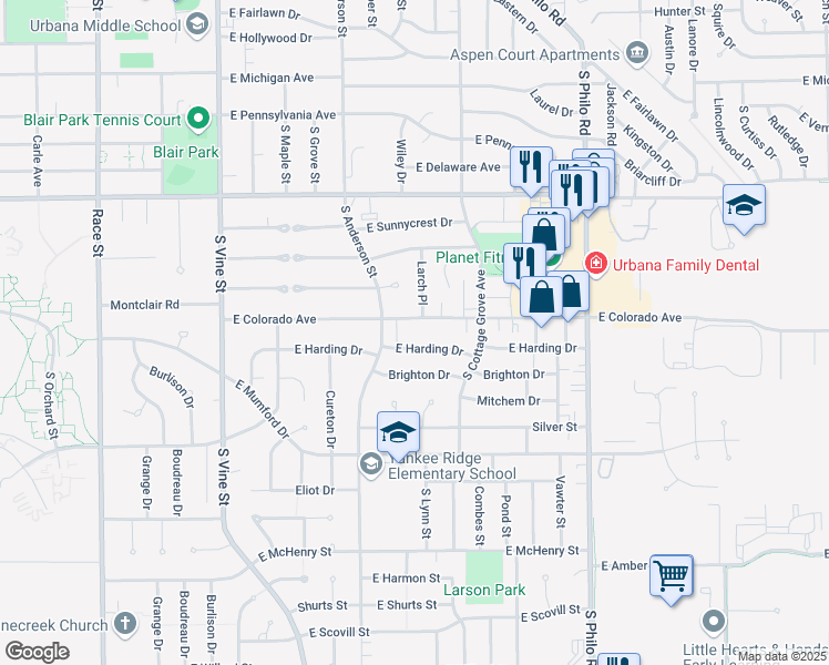 map of restaurants, bars, coffee shops, grocery stores, and more near 1818 Larch Place in Urbana