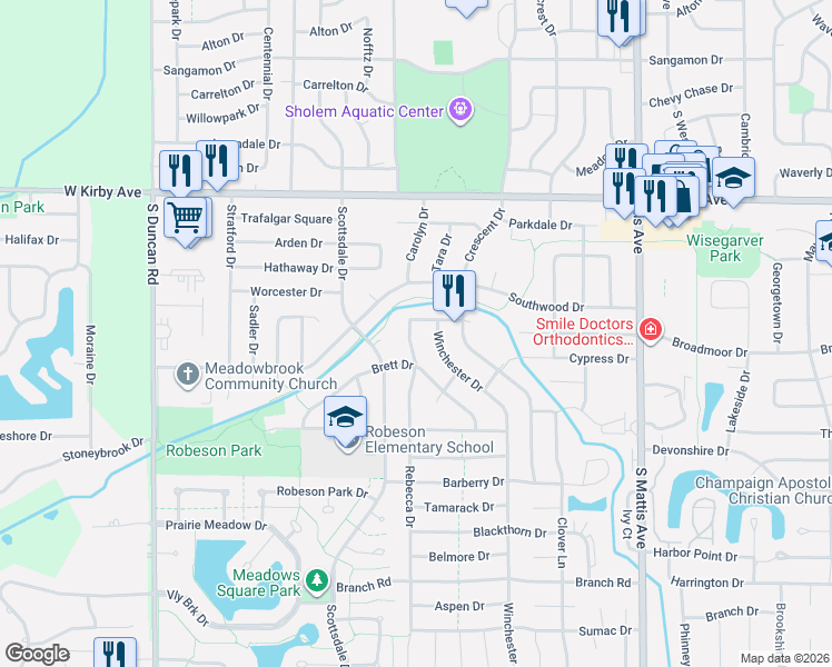 map of restaurants, bars, coffee shops, grocery stores, and more near 2310 Broadmoor Drive in Champaign