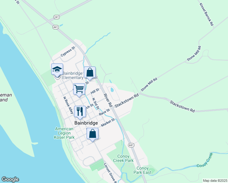 map of restaurants, bars, coffee shops, grocery stores, and more near 109 Commodore Drive in Bainbridge