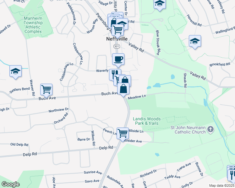 map of restaurants, bars, coffee shops, grocery stores, and more near 14 Buch Avenue in Lancaster