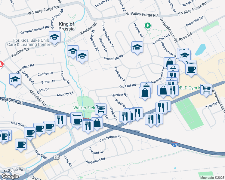 map of restaurants, bars, coffee shops, grocery stores, and more near 429 Old Fort Rd in King of Prussia