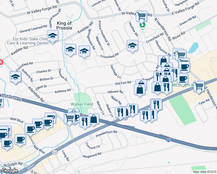 map of restaurants, bars, coffee shops, grocery stores, and more near 429 Old Fort Rd in King of Prussia