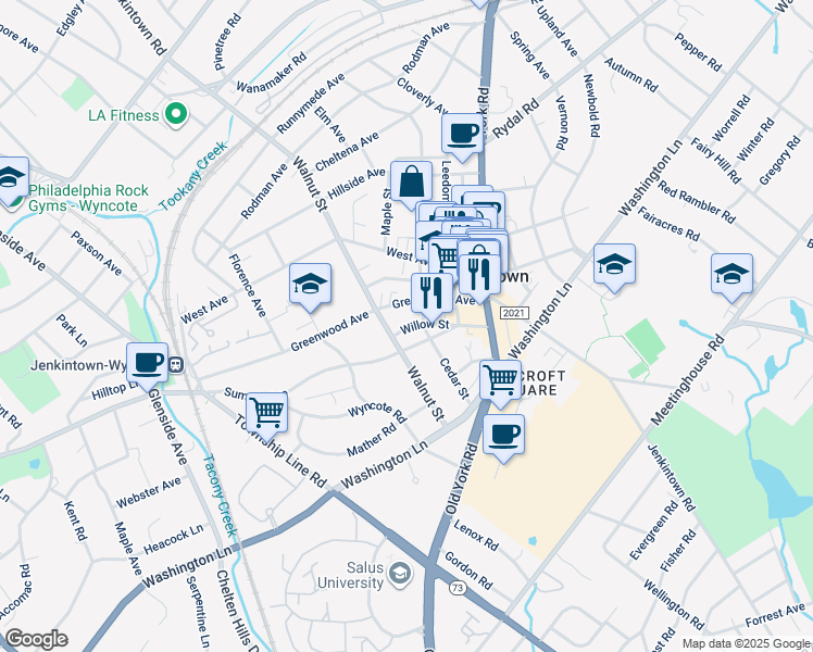 map of restaurants, bars, coffee shops, grocery stores, and more near 505 Willow Street in Jenkintown