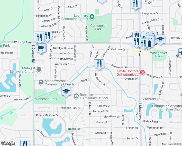 map of restaurants, bars, coffee shops, grocery stores, and more near 2310 Broadmoor Drive in Champaign