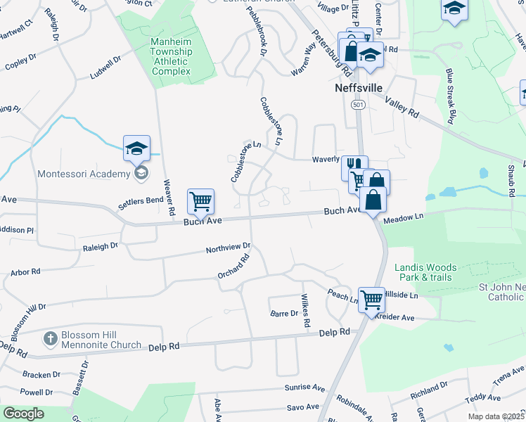 map of restaurants, bars, coffee shops, grocery stores, and more near 101 Cobblestone Lane in Lancaster