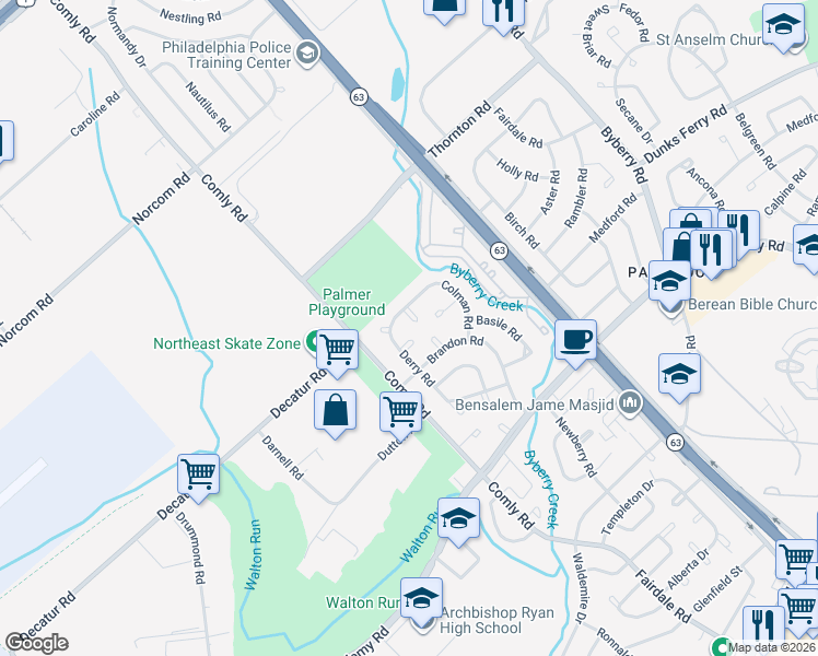 map of restaurants, bars, coffee shops, grocery stores, and more near 11745 Colman Road in Philadelphia