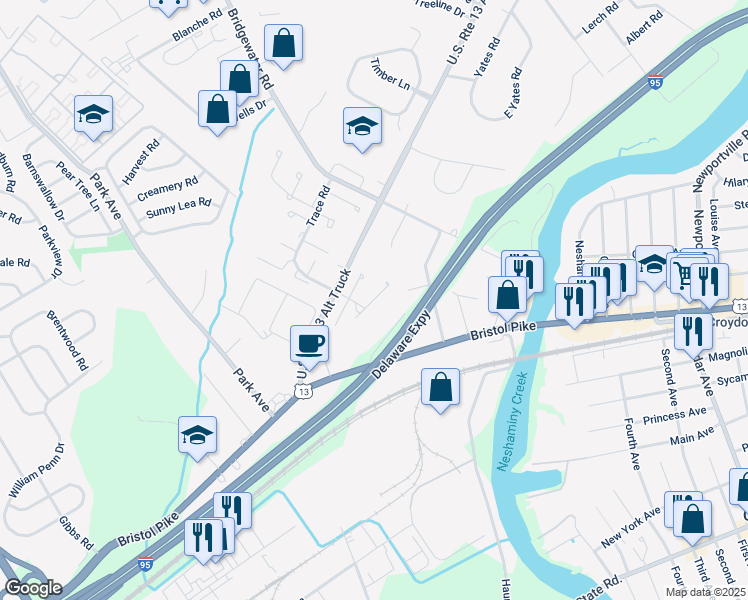 map of restaurants, bars, coffee shops, grocery stores, and more near 3965 Gloucester Court in Bensalem
