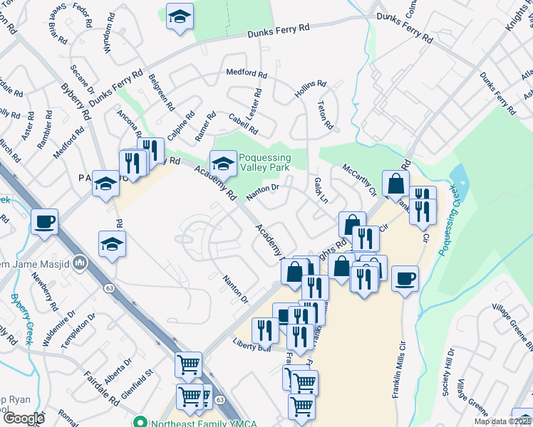 map of restaurants, bars, coffee shops, grocery stores, and more near 3624 Canby Drive in Philadelphia