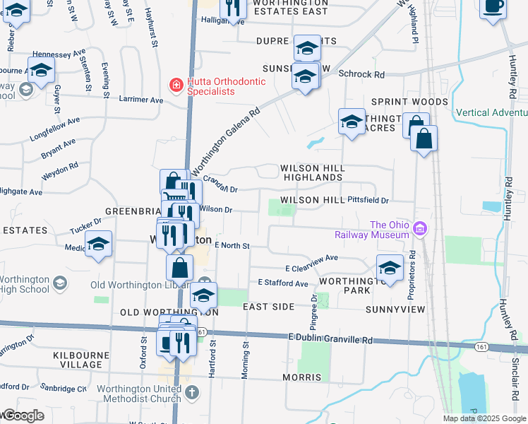 map of restaurants, bars, coffee shops, grocery stores, and more near 1104 Morning Street in Worthington