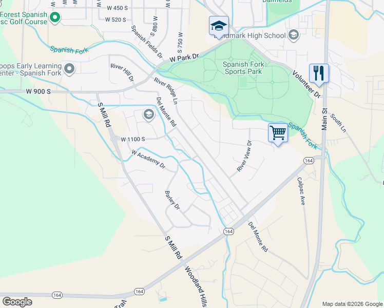map of restaurants, bars, coffee shops, grocery stores, and more near 1142 River Ridge Lane in Spanish Fork