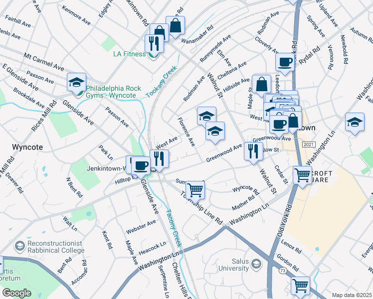 map of restaurants, bars, coffee shops, grocery stores, and more near 309 Florence Avenue in Jenkintown