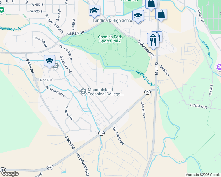 map of restaurants, bars, coffee shops, grocery stores, and more near 1133 River View Drive in Spanish Fork