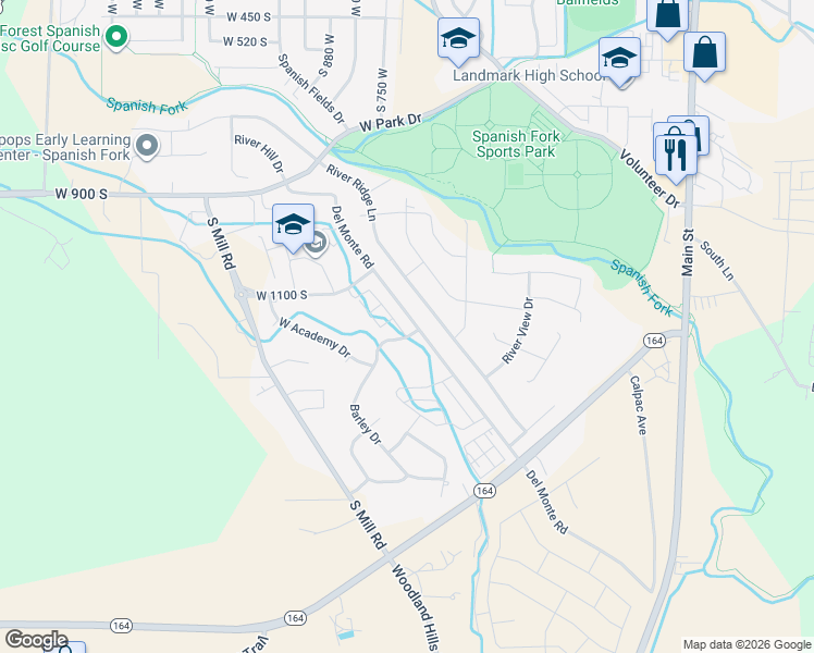 map of restaurants, bars, coffee shops, grocery stores, and more near 1142 River Ridge Lane in Spanish Fork