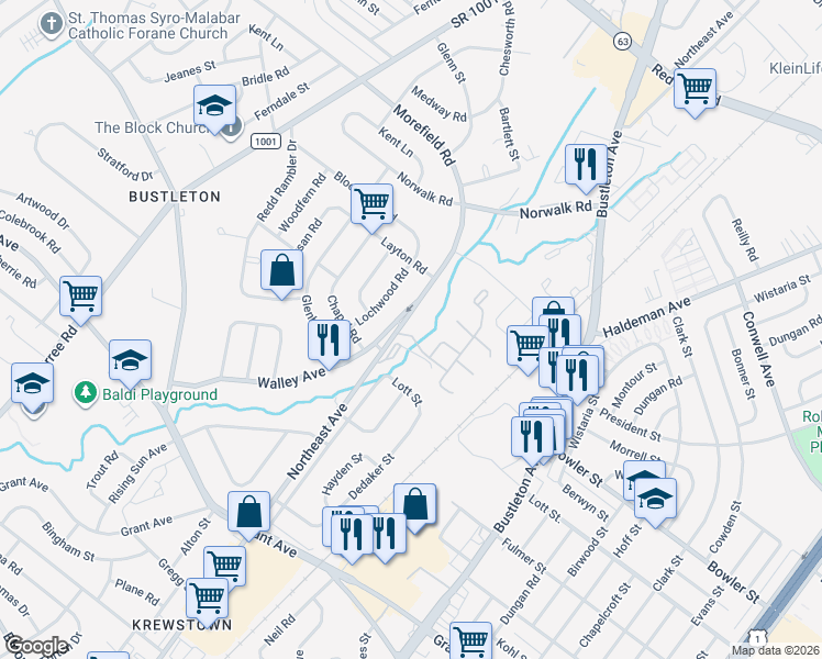 map of restaurants, bars, coffee shops, grocery stores, and more near 9743 Krewstown Road in Philadelphia