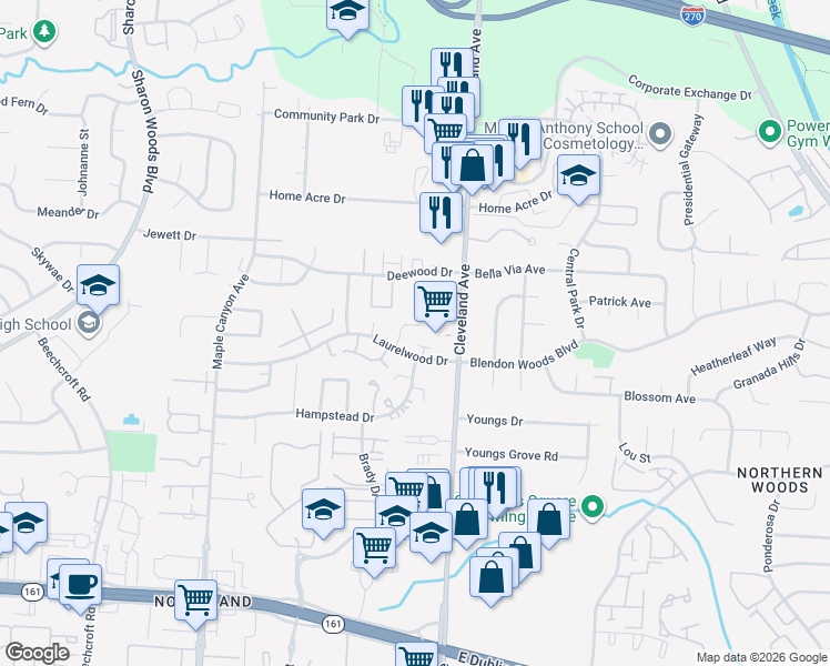 map of restaurants, bars, coffee shops, grocery stores, and more near 6031 Cleveland Avenue in Columbus