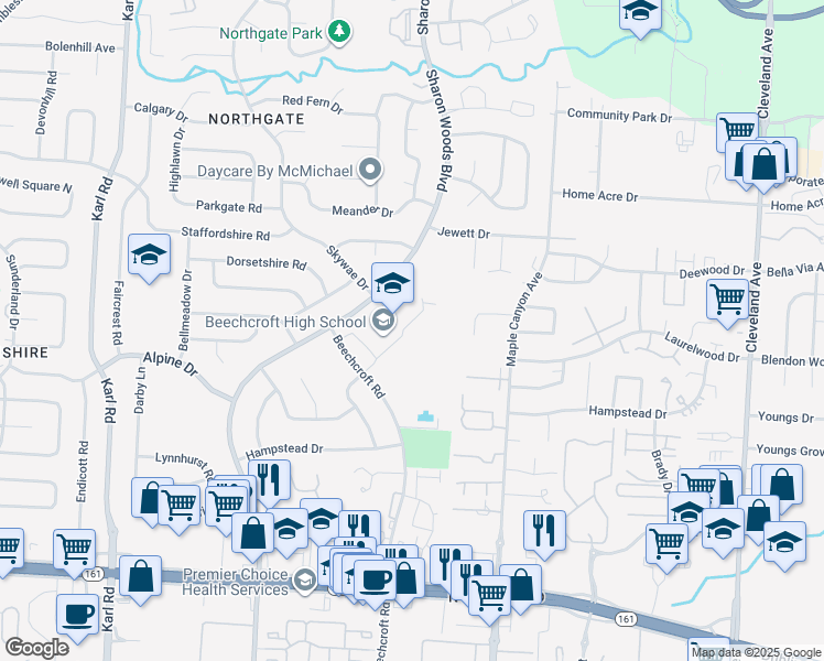 map of restaurants, bars, coffee shops, grocery stores, and more near 6100 Beechcroft Road in Columbus