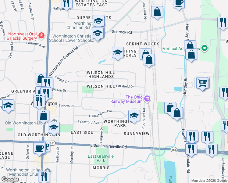 map of restaurants, bars, coffee shops, grocery stores, and more near 421 Pittsfield Drive in Worthington