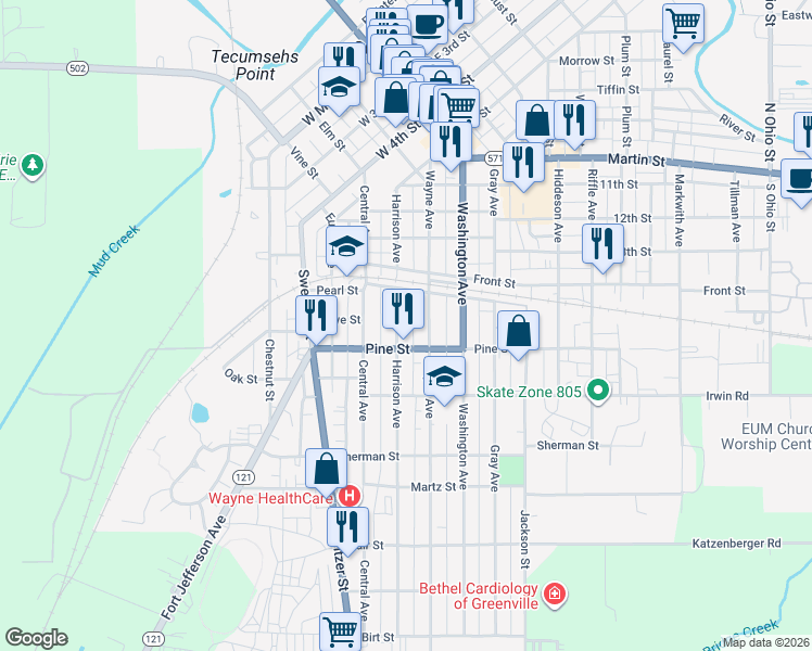 map of restaurants, bars, coffee shops, grocery stores, and more near 412 Harrison Ave in Greenville