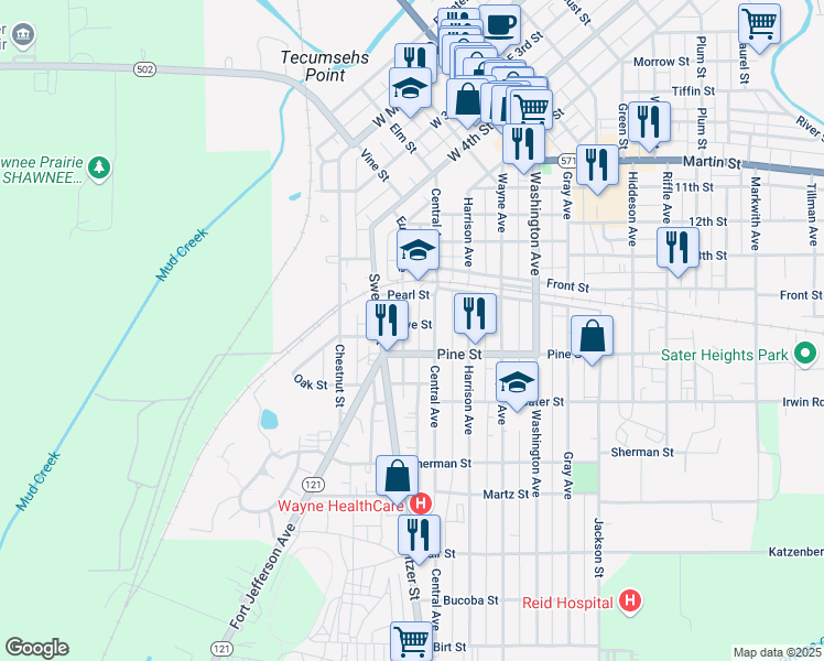 map of restaurants, bars, coffee shops, grocery stores, and more near 414 Central Avenue in Greenville