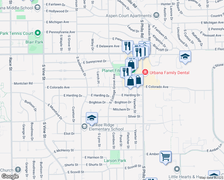map of restaurants, bars, coffee shops, grocery stores, and more near 1002B East Colorado Avenue in Urbana