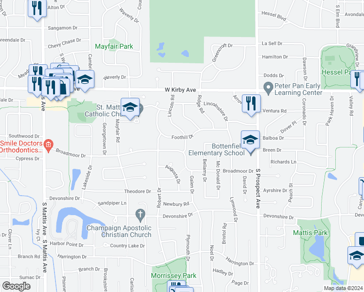 map of restaurants, bars, coffee shops, grocery stores, and more near 1202 Foothill Drive in Champaign