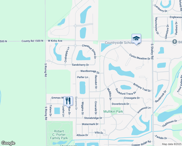 map of restaurants, bars, coffee shops, grocery stores, and more near 4704 Westborough Drive in Champaign