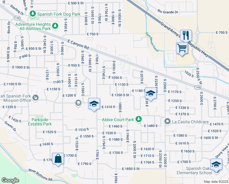 map of restaurants, bars, coffee shops, grocery stores, and more near 1184 South 1850 East in Spanish Fork