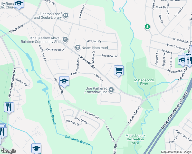 map of restaurants, bars, coffee shops, grocery stores, and more near 1535 Laguna Lane in Lakewood
