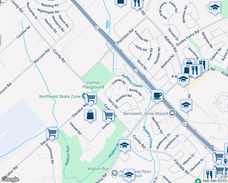 map of restaurants, bars, coffee shops, grocery stores, and more near 11721 Colman Place in Philadelphia