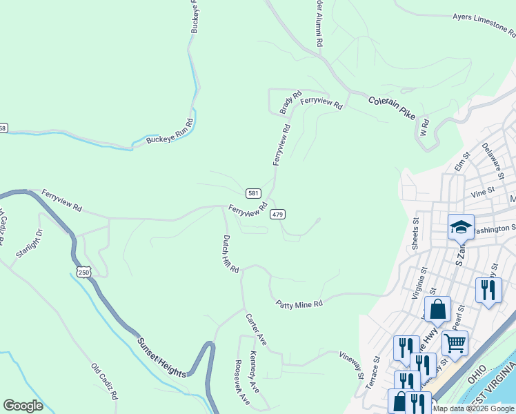 map of restaurants, bars, coffee shops, grocery stores, and more near 57384 Westlawn Avenue in Martins Ferry