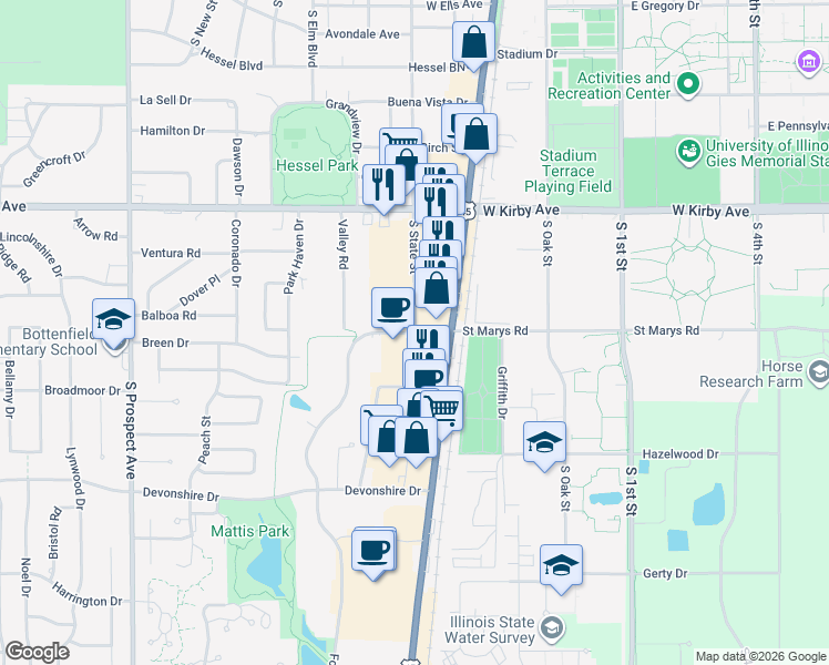 map of restaurants, bars, coffee shops, grocery stores, and more near 1837 Fox Drive in Champaign