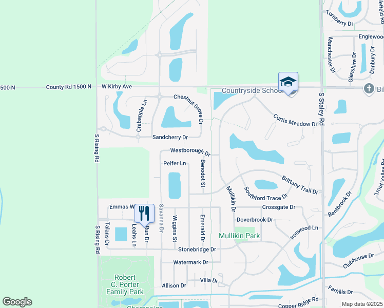 map of restaurants, bars, coffee shops, grocery stores, and more near 4704 Westborough Drive in Champaign