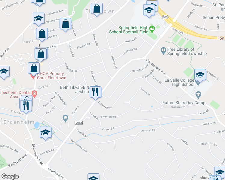 map of restaurants, bars, coffee shops, grocery stores, and more near 1111 Stotesbury Avenue in Wyndmoor