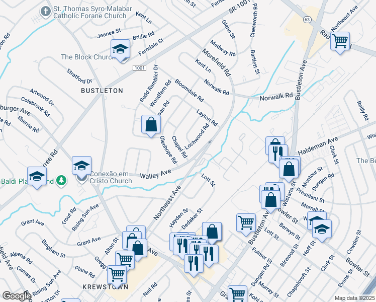 map of restaurants, bars, coffee shops, grocery stores, and more near 9707 Lochwood Road in Philadelphia