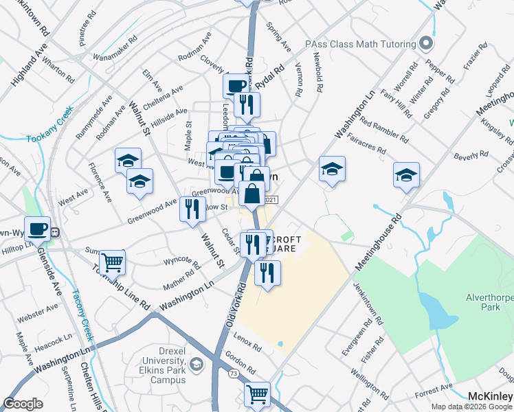 map of restaurants, bars, coffee shops, grocery stores, and more near 720 Greenwood Avenue in Jenkintown