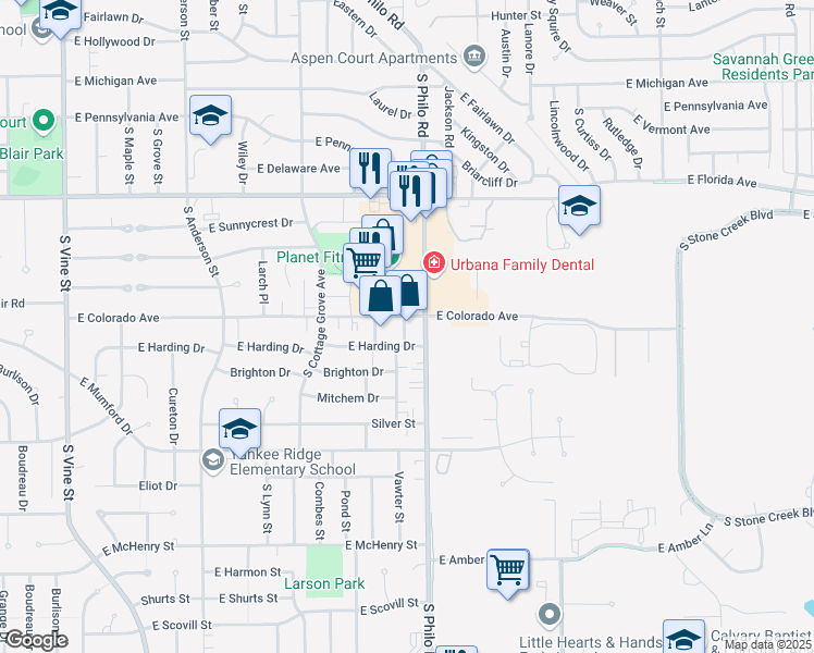 map of restaurants, bars, coffee shops, grocery stores, and more near 1821 South Philo Road in Urbana