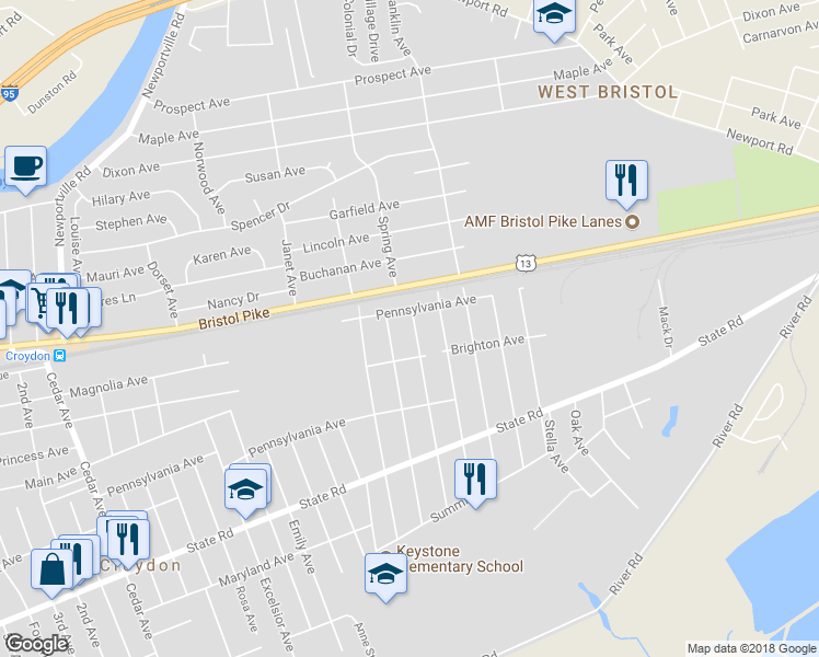 map of restaurants, bars, coffee shops, grocery stores, and more near 210 Harris Avenue in Croydon