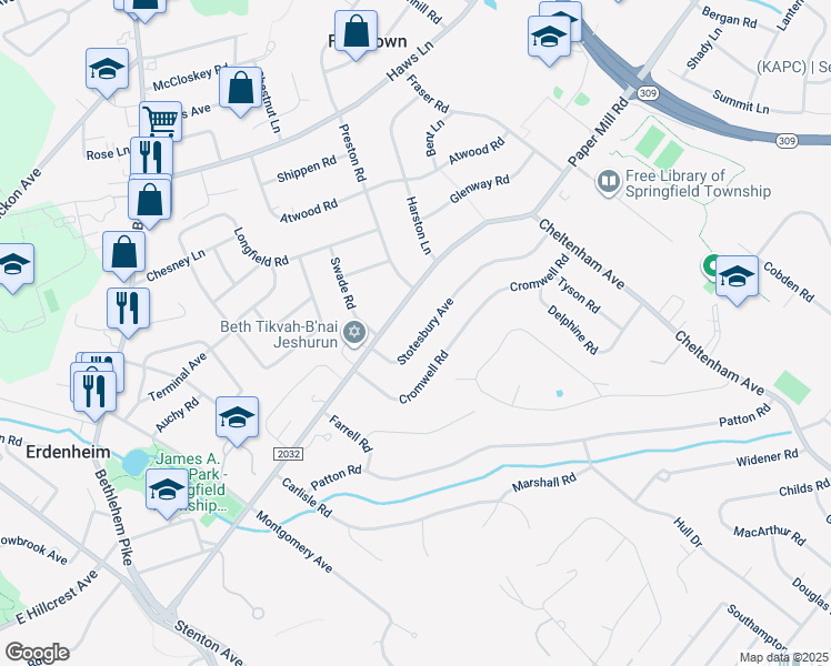 map of restaurants, bars, coffee shops, grocery stores, and more near 1111 Stotesbury Avenue in Wyndmoor
