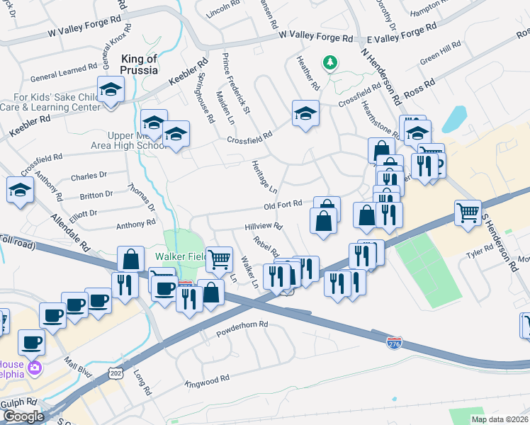 map of restaurants, bars, coffee shops, grocery stores, and more near 418 Old Fort Road in King of Prussia