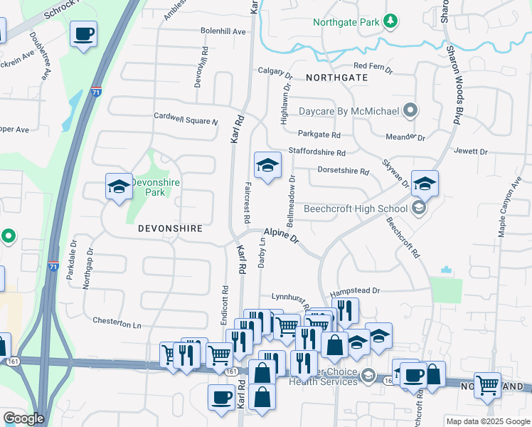 map of restaurants, bars, coffee shops, grocery stores, and more near 1590 Alpine Drive in Columbus