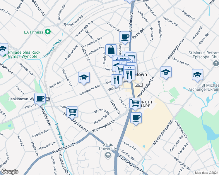 map of restaurants, bars, coffee shops, grocery stores, and more near 505 Willow Street in Jenkintown
